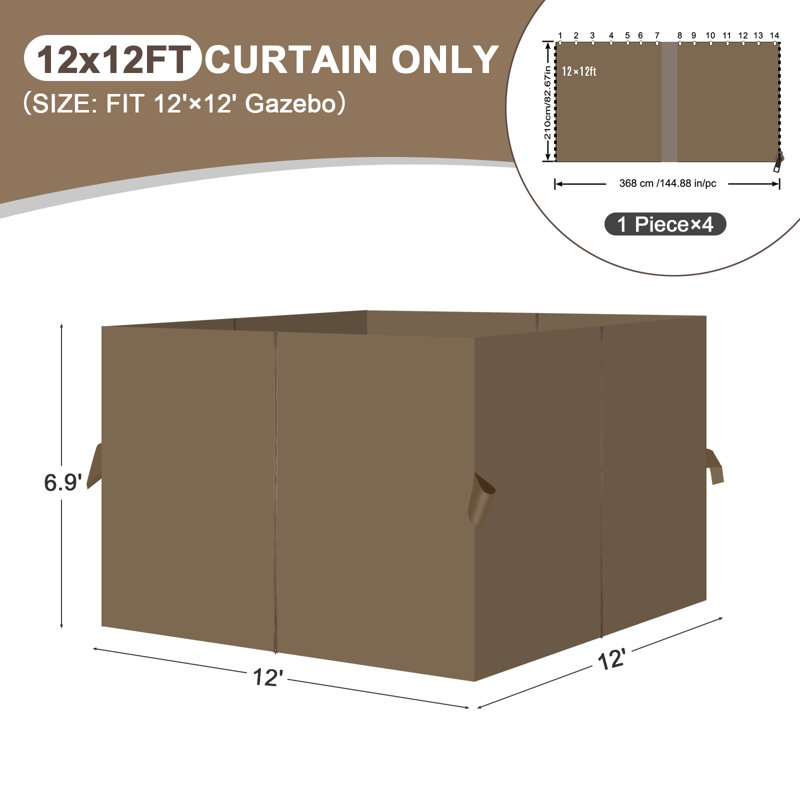 Aoodor Replacement 4-Panel Gazebo Sidewall Curtains, Light Coffee, 82.7" H x 144" W x 144" D