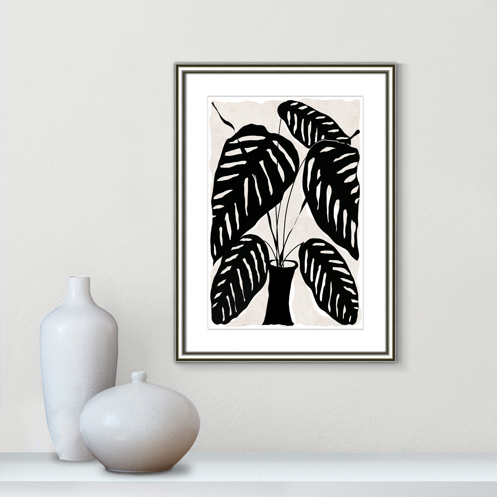 Black and White Potted Plant I Print, 24.25" H x 18.25" W x 0.88" D, Silver Framed
