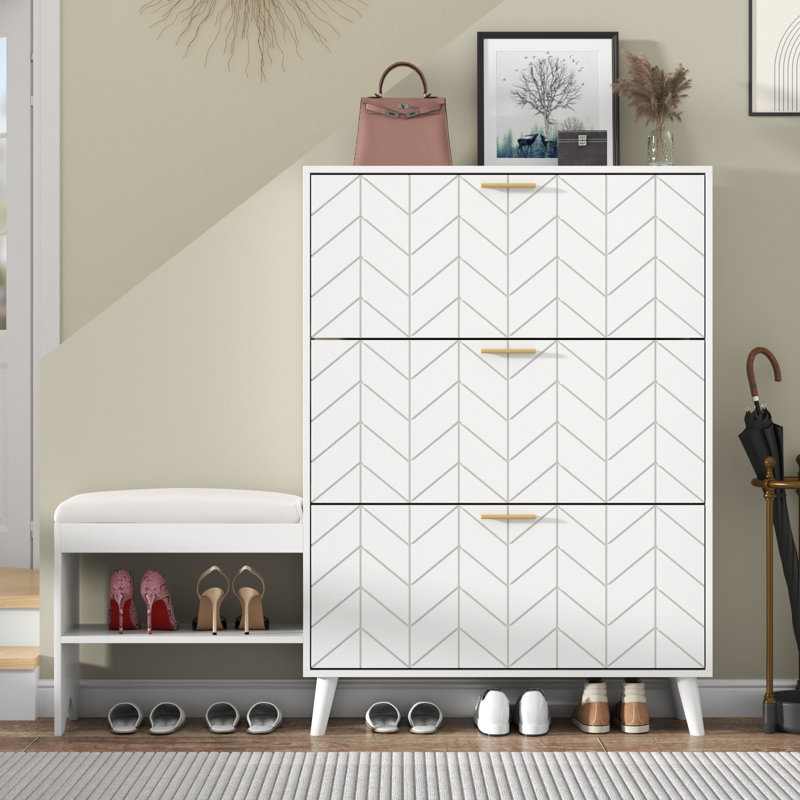 Armoire à chaussures avec 3 tiroirs rabattables et banc, armoire de rangement pour chaussures pour l'entrée, noir, Blanc