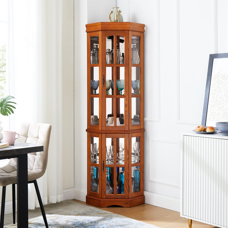 Armoire de coin en chêne à 5 tablettes avec éclairage, Chêne