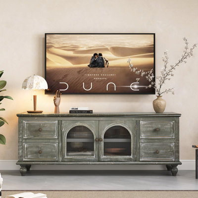 60" Farmhouse TV Stand with 4 Drawers & 2 Glass Doors, Rustic Wood Media Console, Distressed Entertainment Center for TVs
