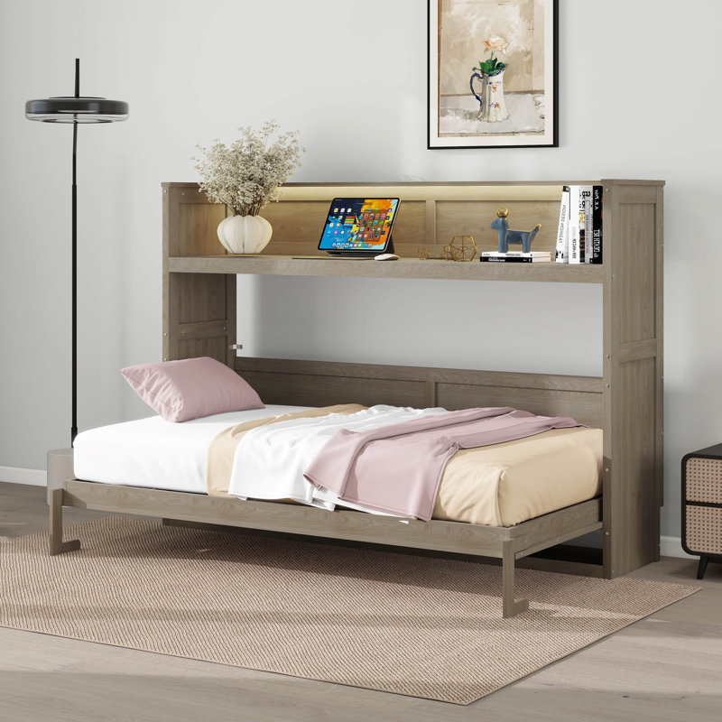 Twin XL Size Horizontal Murphy Bed With Desk, LED Light And USB Charging Station, Murphy Bed For Living Room, Guest Room
