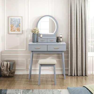 Petit bureau de coiffeuse avec tabouret rembourré avec miroir et lumières 3 couleurs d'éclairage réglables 
