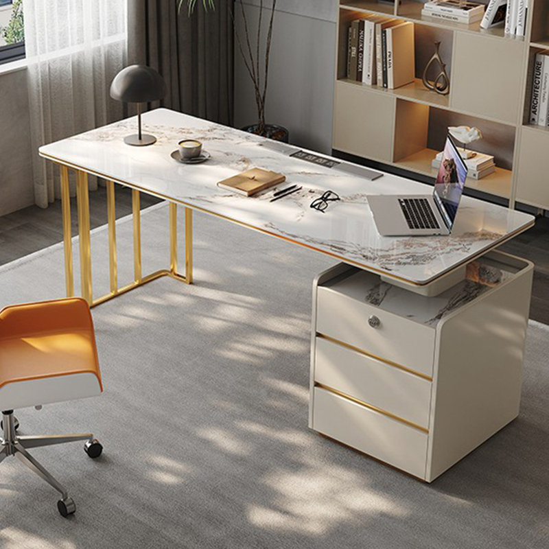 White + Gold Rectangular Stone desk, Right Hand Facing, 29.53" H x 70.87" W x 27.56" D