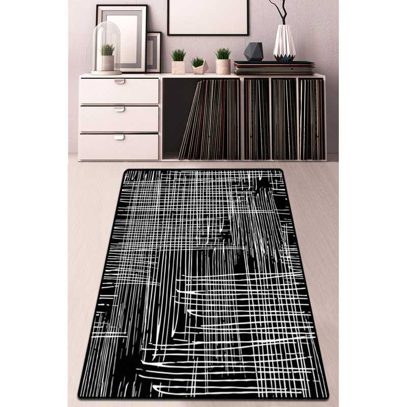 Stylish Black and White Area Rug, 6.6 x 9.5 ft | 100% Polyester, 0.4 in Pile Height | Antibacterial, Non-Slip Underside, Machine Washable | Perfect for Living Room, Bedroom, & Dining Spaces, Soft & Durable
