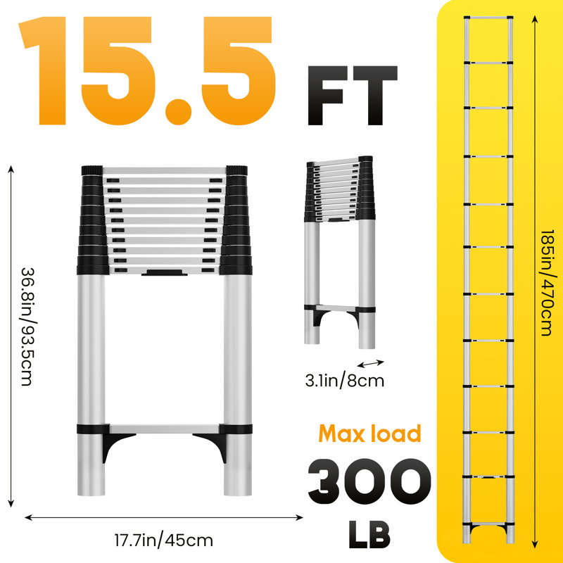 Échelle télescopique 12,8 / 15,5 pi, échelle télescopique pliante en acier inoxydable avec mécanisme de verrouillage, échelle pliable multi-usage pour la maison ou le travail en plein air, supportant 330 lb