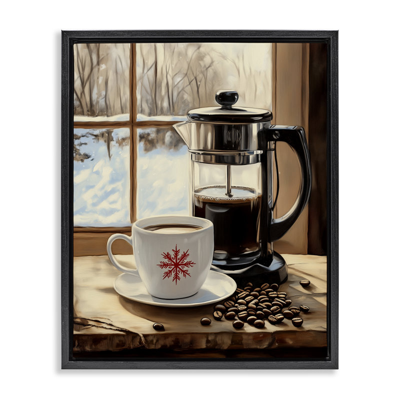 Cadre flottant café Winter French Press, design par Arlington Prints, H 31 po x l 25 po, Cadre flottant noir de jais