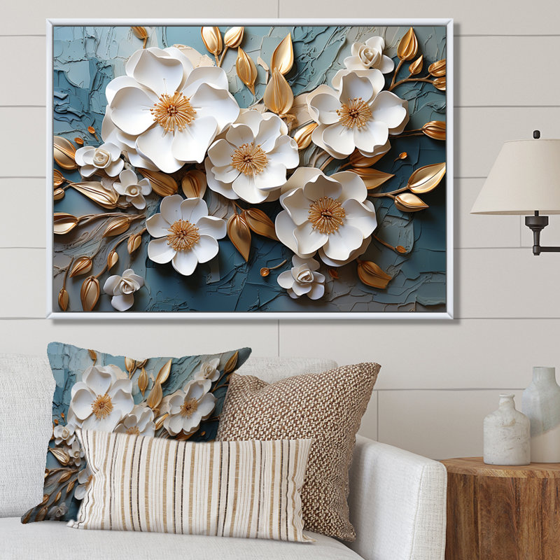 Blanc et or, charmante fleur printanière, V - Fleurs, art mural, Cadre flottant doré, H 12 po x l 20 po x P 1 po