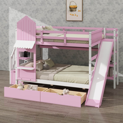 Castle Style Bunk Bed With 2 Drawers, 3 Storage Shelves And Fun Slide