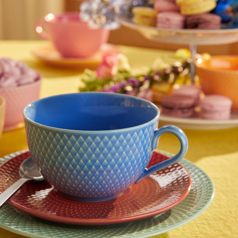 Handmade Porcelain Teacup, 13.2 Oz, Blue/Terracotta