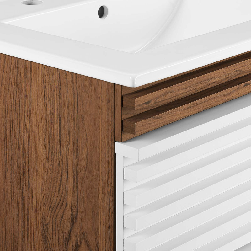 Render 24.5" White and Walnut Wall-Mount Bathroom Vanity