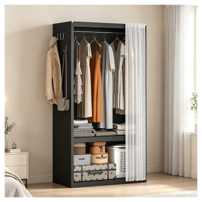 Armoire métallique autoportante avec rideau transparent, tringle amovible et tablette centrale pour le rangement dans la chambre
