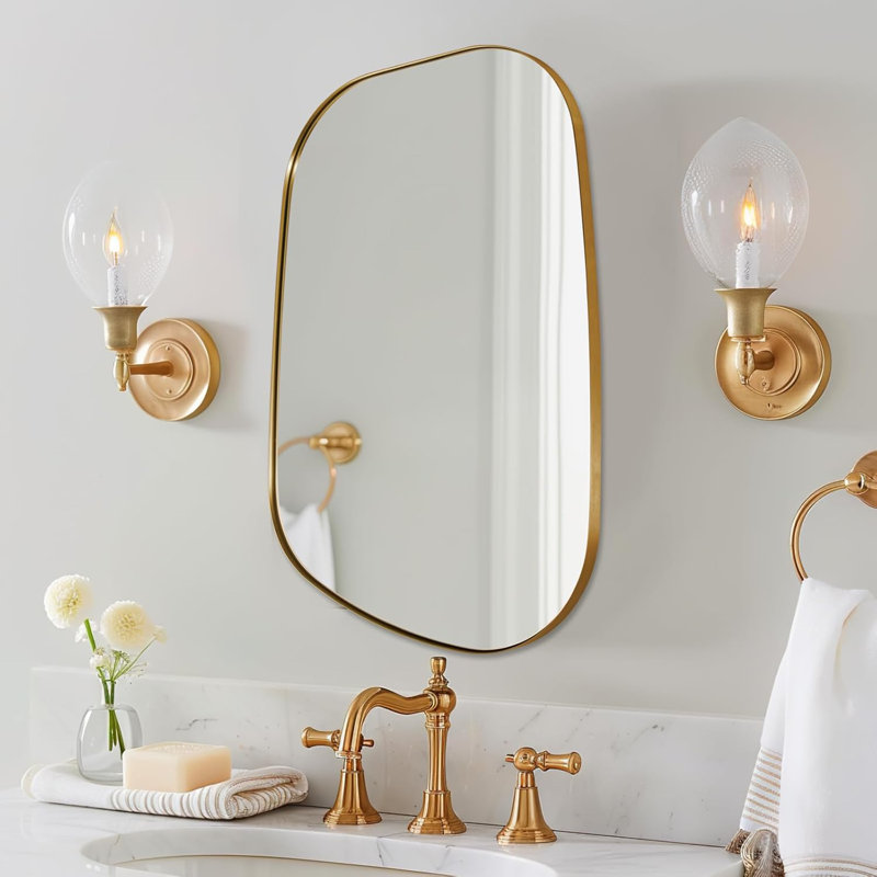 Huldrik Asymmetrical Irregular Bathroom Vanity Mirror | Stainless Steel Frame, Brushed Gold, 32" x 24"