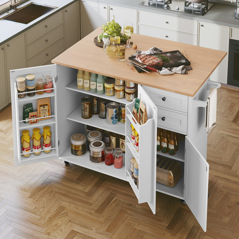 Chariot pour îlot de cuisine roulant 50,9 po avec comptoir pliable en bois à abattants, armoires de rangement, tiroir, support à épices latéral et roulettes verrouillables, îlot de cuisine mobile