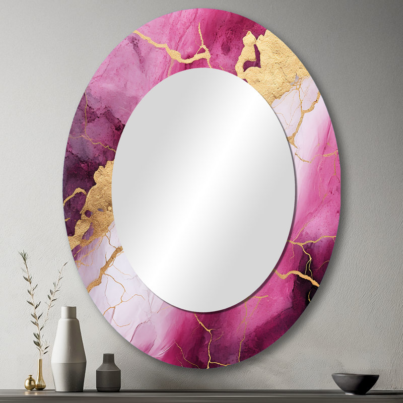 Pink And Gold Marble Essence II - Modern Oval Wall Mirror, 43" x 33"