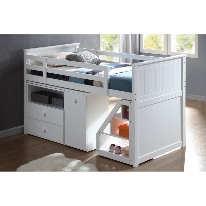 Lit mezzanine simple Space blanc avec coffre de rangement et bureau polyvalents