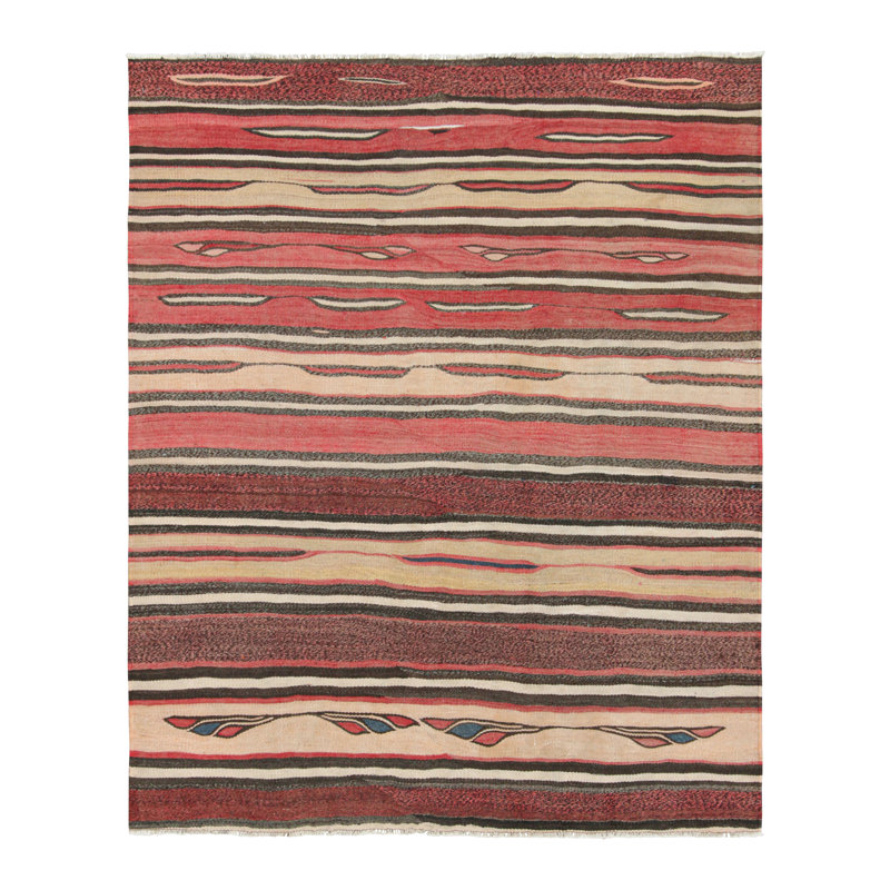 Vintage Azerbaijani Kilim With Beige-Brown And Red Stripes - Rug & Kilim