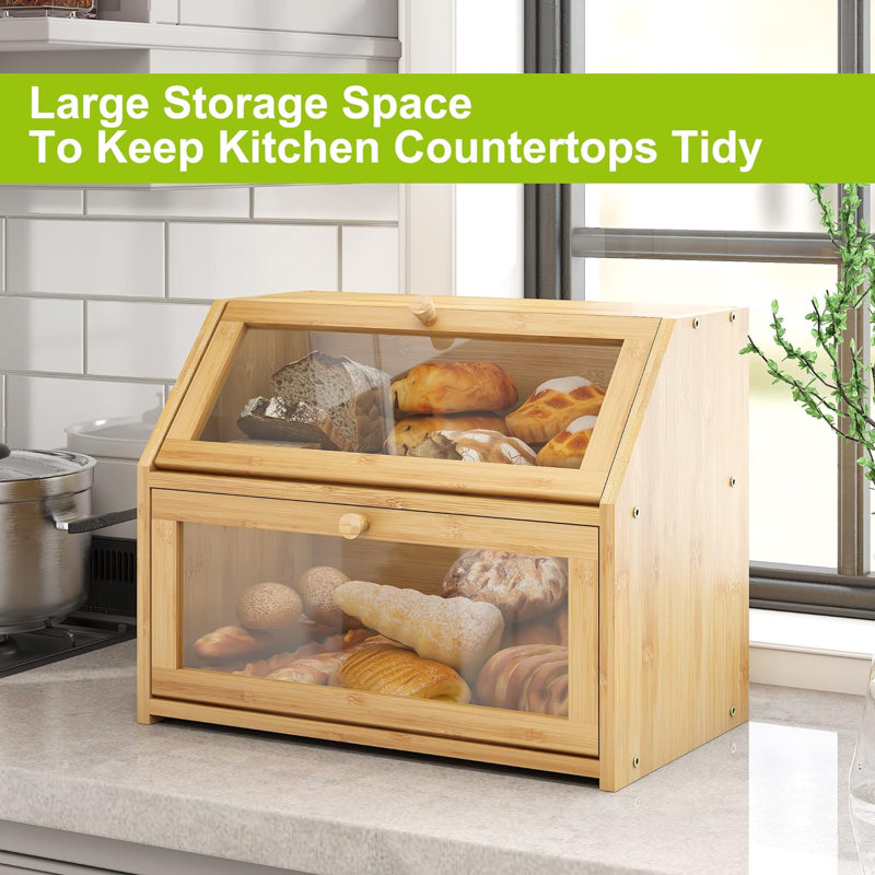 Bread Storage Farmhouse Bread Box For Kitchen Countertop Bread Container With Clear Window Breadbox Double Layer Bamboo Extra Large Capacity Bin Kitchen Food Storage Container(Natural)