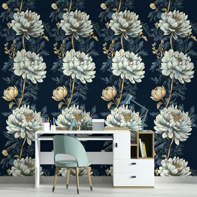 Papier peint adhésif grand bleu marine Chrysanthemum | Murale Dramatic Floral Elegance
