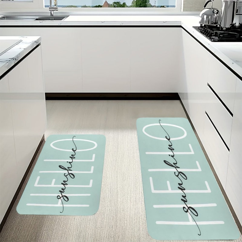 Ensemble de 2 tapis de cuisine à motif de citations Hello Sunshine, blanc menthe