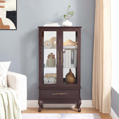 Élégante vitrine vitrée avec tablettes réglables, éclairage interne et tiroir rétro pour un rangement amélioré et un attrait esthétique