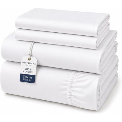 Ensemble de draps Westbrooke 800 fils/cm² en coton ultrafin - Draps en satin pour lit double | Ensemble de literie 4 pièces en coton à fibres longues - Draps doux, respirants et luxueux - Hôtel blanc
