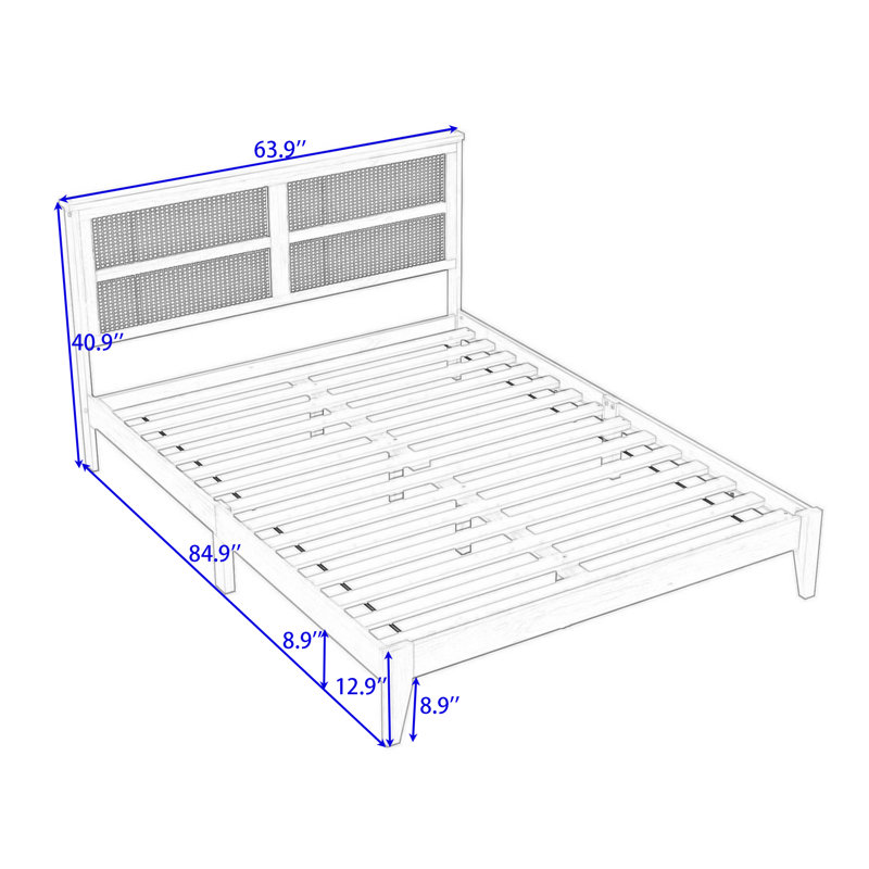 Queen Wood Bed with Rattan Headboard