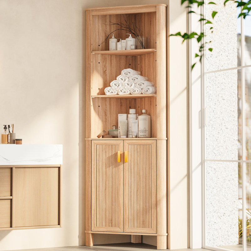 68" Tall Fluted Corner Cabinet For Bathroom, Modern Living Room & Kitchen - Adjustable Shelves, Space-saving Storage, Curved Profile Design
