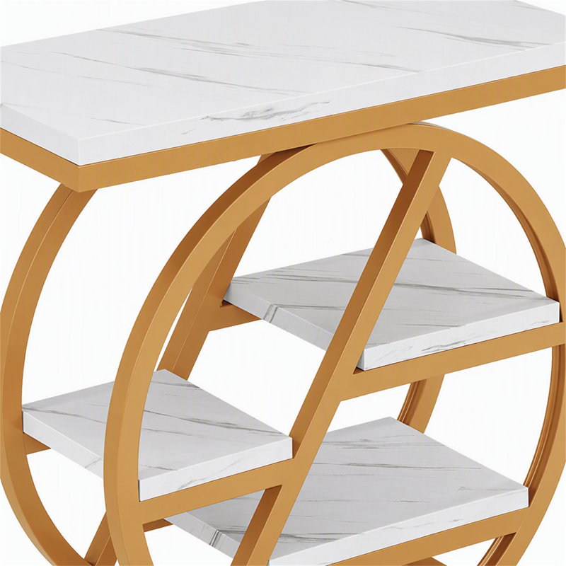 Table de bout à 4 niveaux, petite table d'appoint avec tablettes de rangement, Blanc / doré, Blanc, Doré