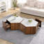 Table basse hexagonale rustique rétro en bois avec 2 tiroirs cachés avec dessus en marbre texturé Walunt Oak-880391871