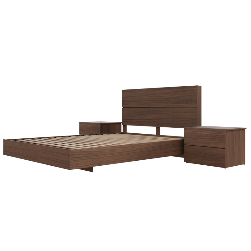 Ensemble de chambre à coucher avec lit plateforme 3 pièces Milo, Grand, Noyer