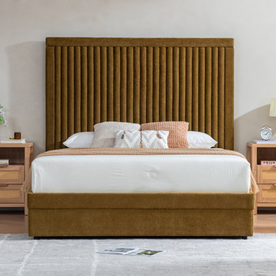 Upholstered Platform Bed With Storage Drawers, Tall Channel Tufted Headboard, No Box Spring Needed