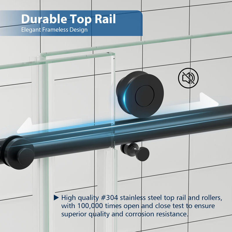 61"-66" W x 76" H Single Sliding Frameless Shower Door in Matte Black with 1/4" (6mm) Clear Tempered Glass, Soft-Close, Stainless Steel Accessories