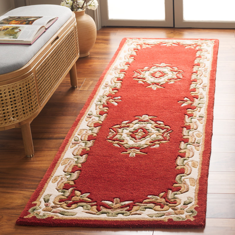 Stengel Aubusson Hand Tufted Wool/Cotton Floral Rug in Ivory/Rust, Runner 2'3" x 8'