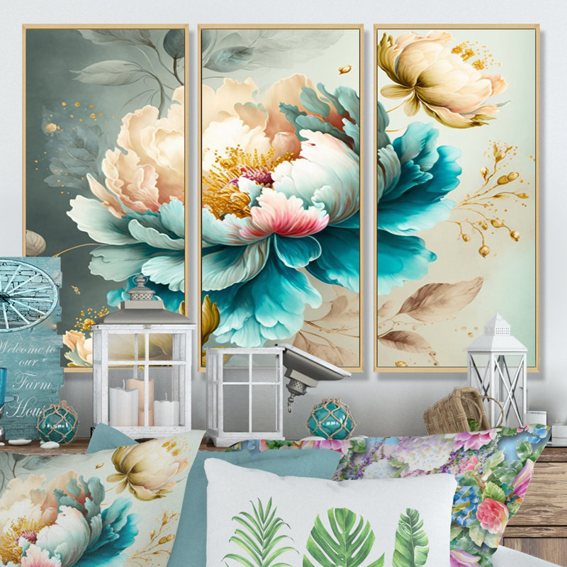 «Vibrant Floral Bunch I», reproduction sur toile 3 pièces, Encadré naturel, H 32 po x l 48 po x P 1 po