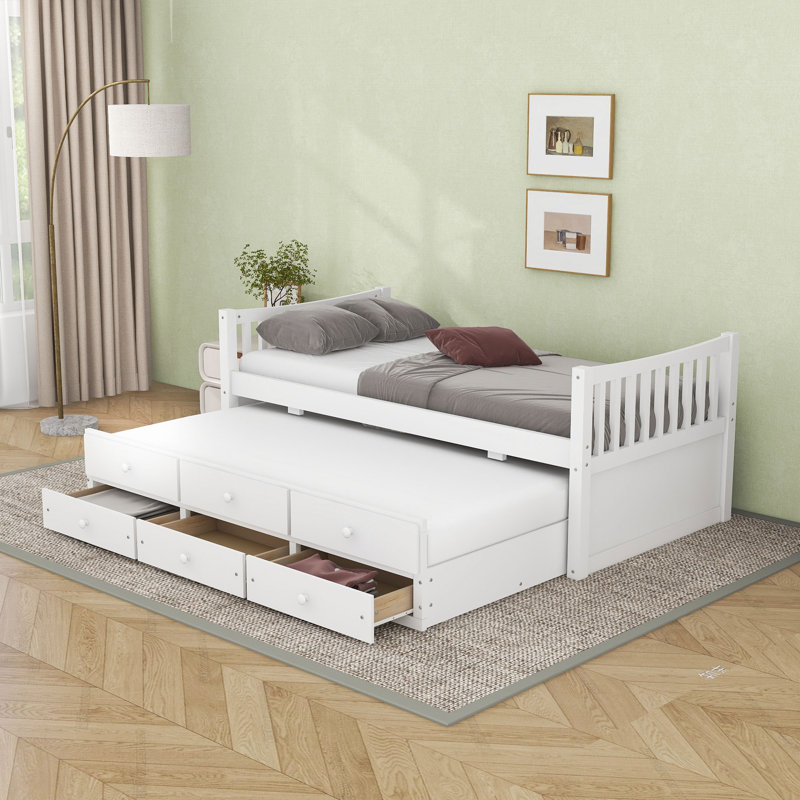 Lit plateforme simple avec lit gigogne et tiroirs, Blanc