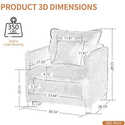 Chaise simple de salon simple avec dossier moelleux, coussin moelleux et dossier de soutien, 3 coussins confortables pour un usage quotidien, fauteuil confortable à assise stable, rembourrage épais, utilisation des accoudoirs
