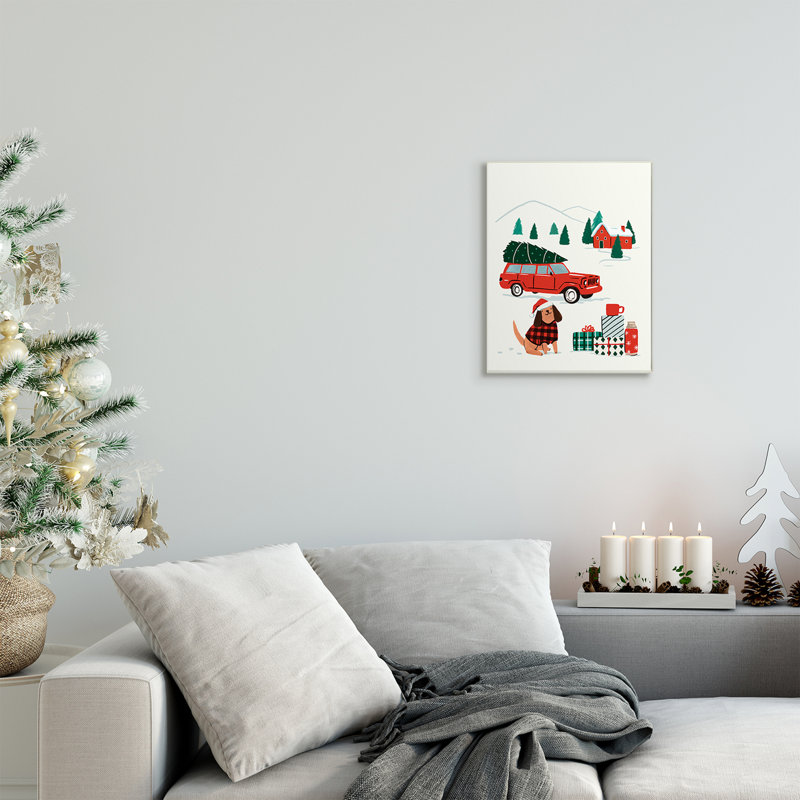 Voiture de Noël rétro, père Noël festif, chien, Plaque murale, H 15 po x l 10 po