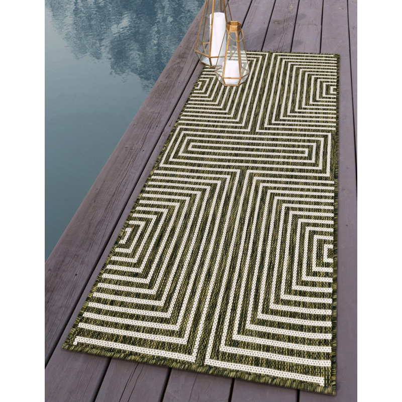 Tapis contemporain Nykeia de couleur verte, Tapis de couloir 2 pi x 8 pi