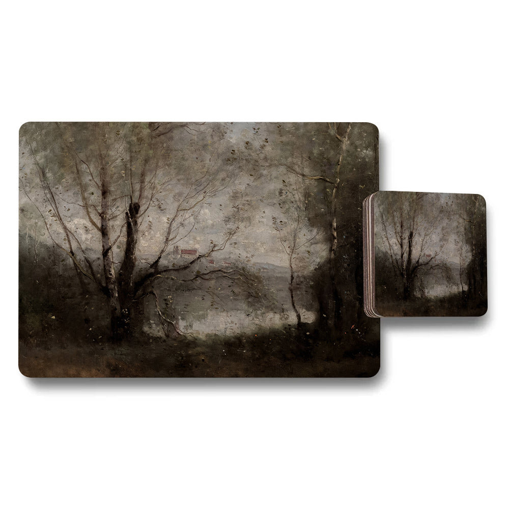 Moody Landscape Placemats And Coaster Set With Tree River View