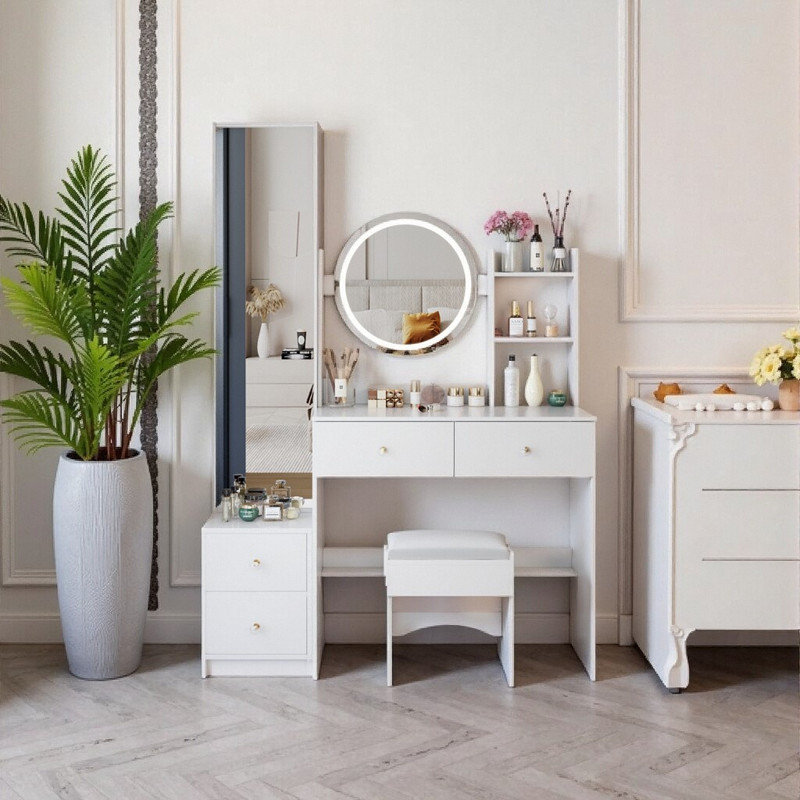 63 Inch Full Body Mirror Vanity Set with LED Table, 3-Color Adjustable Dressing Station with Storage Stool, White