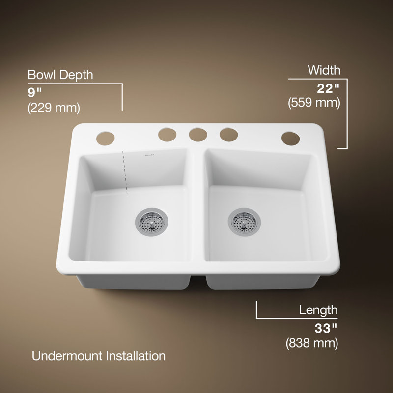 Brookfield 33" L x 22" W x 9-5/8" Under-Mount Double-Equal Kitchen Sink, White