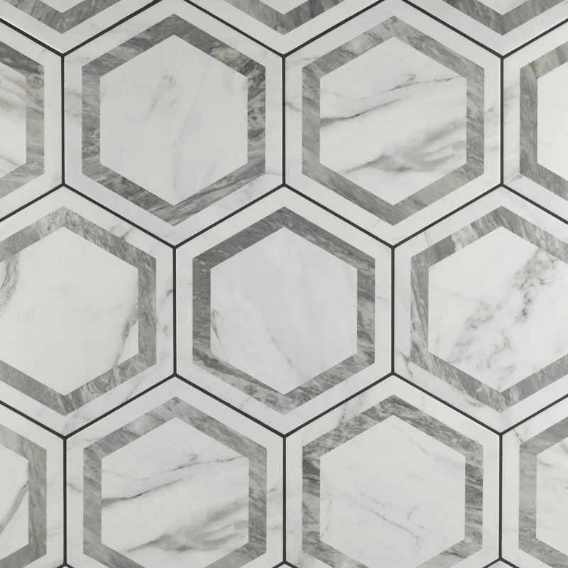 BioTech 11" x 13" Porcelain Marble Look Wall & Floor Tile, Gray/White