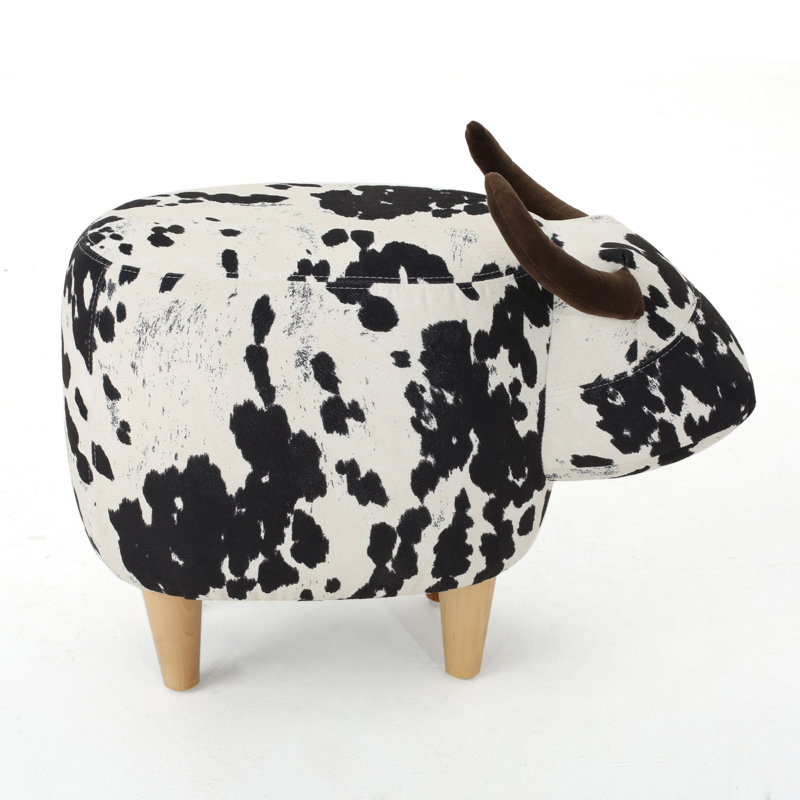 Velvet Cow Ottoman With Wooden Feet, White/Black