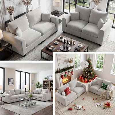 Ivory Corduroy 2-piece Sofa Set – Modern Sofa & Loveseat With Pillows For Living Room