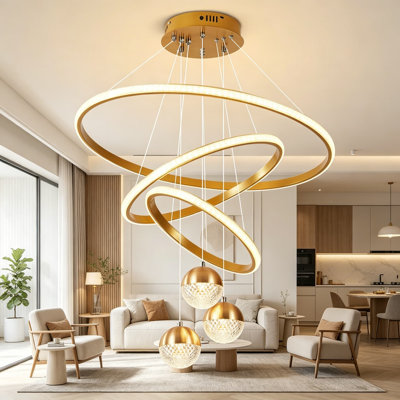 Lustre moderne à DEL avec lumière à intensité variable 3 couleurs, luminaire suspendu réglable avec télécommande, conception d'anneau doré personnalisable pour le salon de la salle à manger, le vestibule et la chambre à coucher
