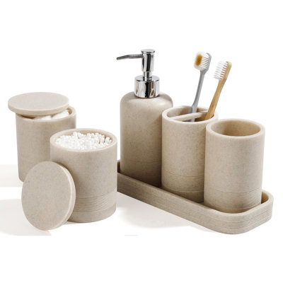 Ensemble d'accessoires de salle de bain, ensemble d'accessoires de salle de bain 6 pièces, porte-brosses à dents, distributeur de savon, plateau de coiffeuse, gobelet, pots en coton-tige, organisateur de salle de bain pour salle de bain moderne (beige)