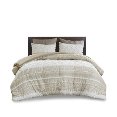 3 Piece Comforter Full/queen. Chenille Cotton Fabric. Taupe Print. Interior. 2 Matching Shams. . Charming Bedroom Enhancement Cotton. Pattern. Stylish Element