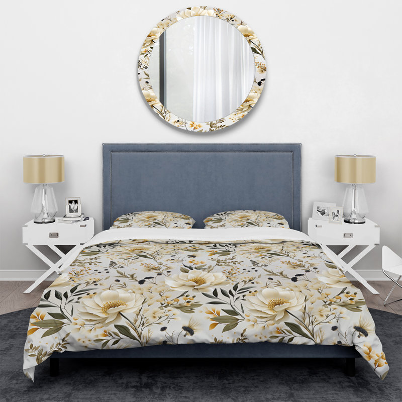 Minimalist Neutral White Botanics - Ensemble de housse de couette à motif floral