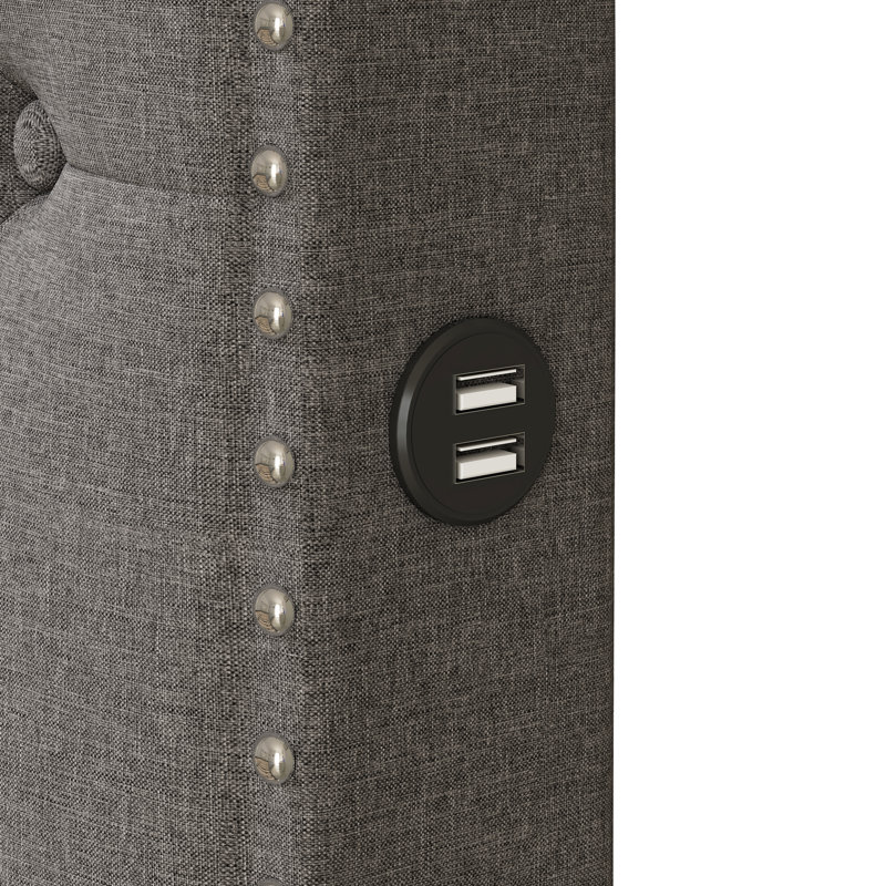 Grand lit rembourré avec lit gigogne simple et chargeurs, tissu en lin gris